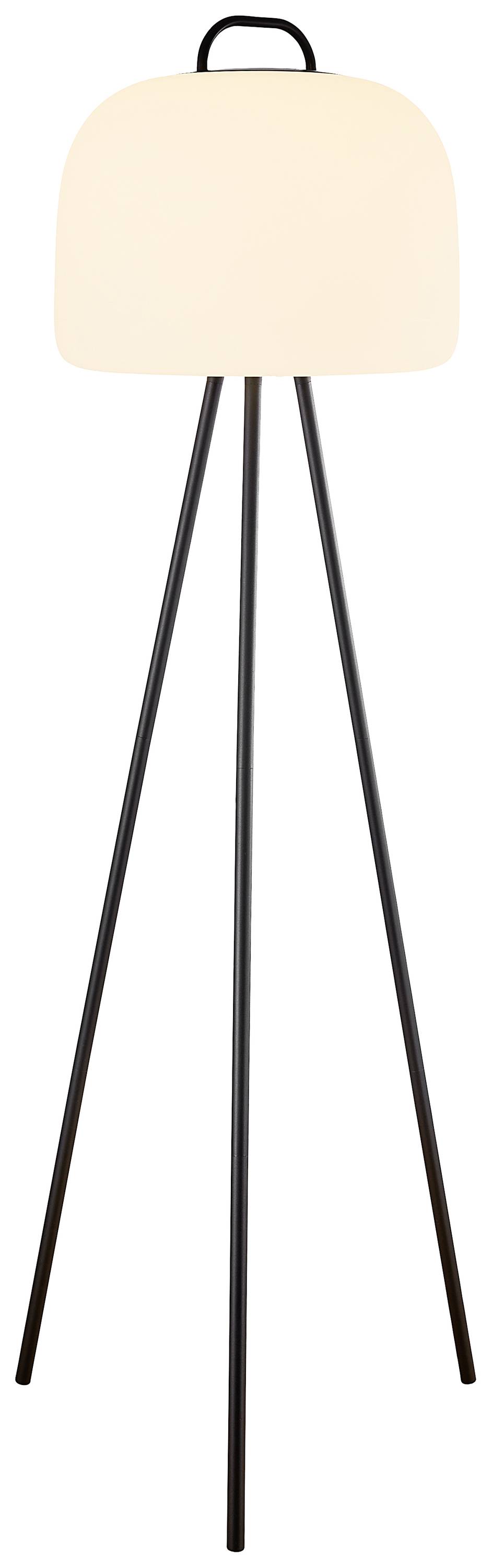 Floor lamp with a round, white lampshade and slender, black metal legs.