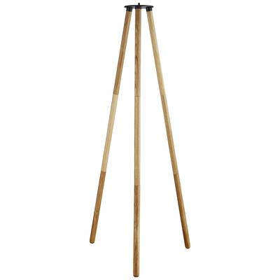A three-legged, wooden stand, presumably a lamp stand, with smooth, elongated wooden beams and a black mounting bracket on top.