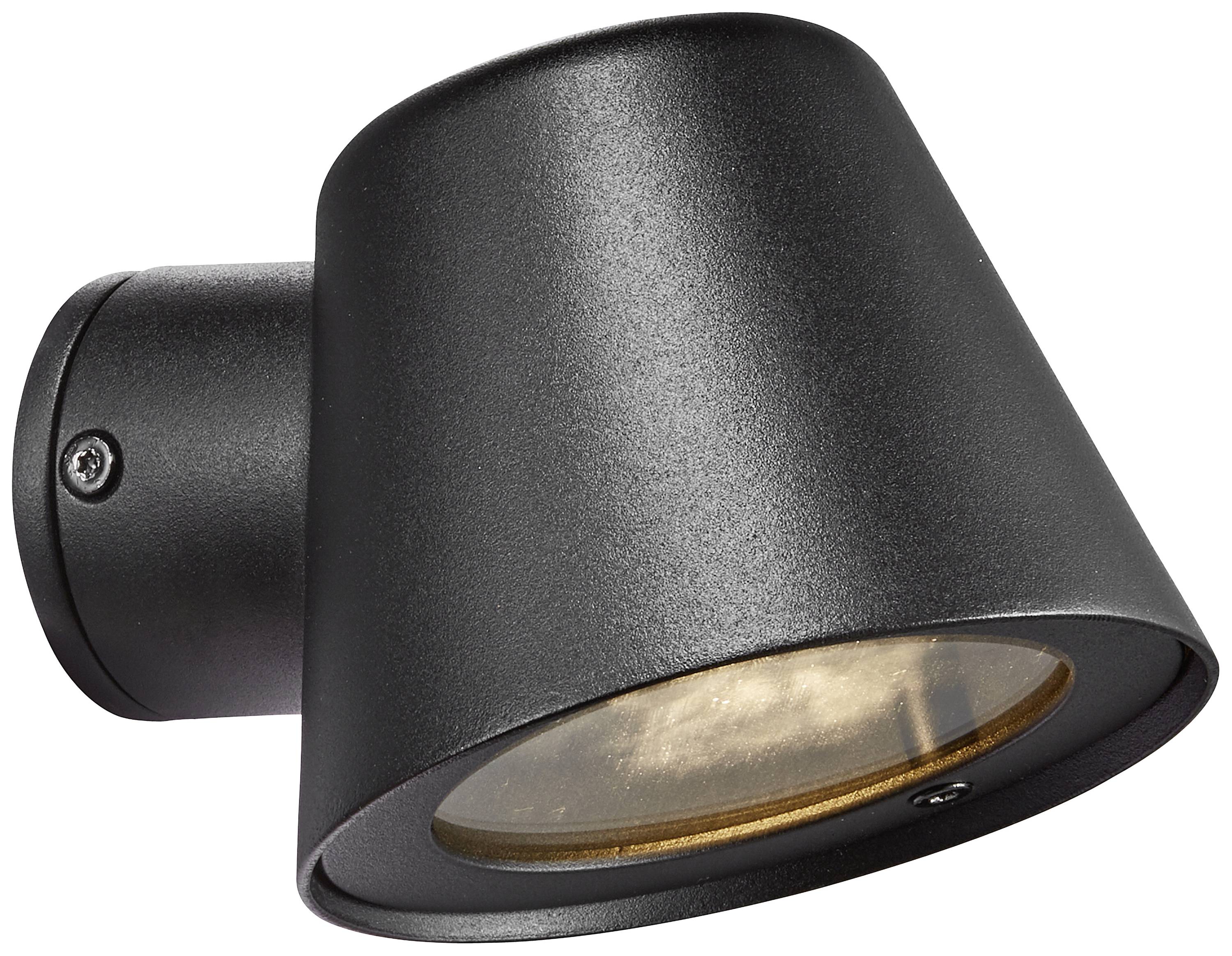 A black exterior wall light with a conical design and downward-facing illumination, mounted on a wall bracket.