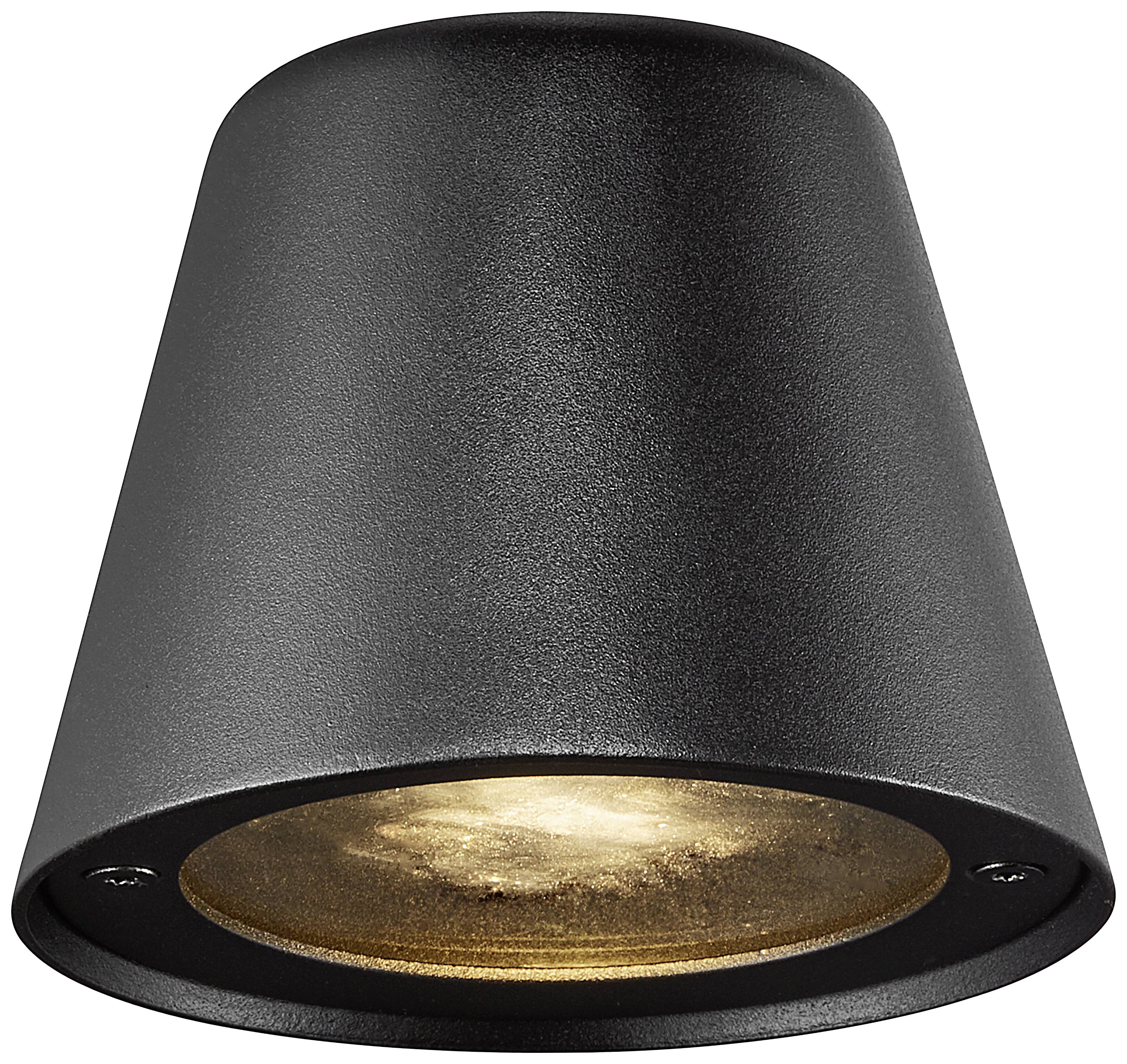 Black, tapered wall light with downward-facing illumination, suitable for modern interior lighting.