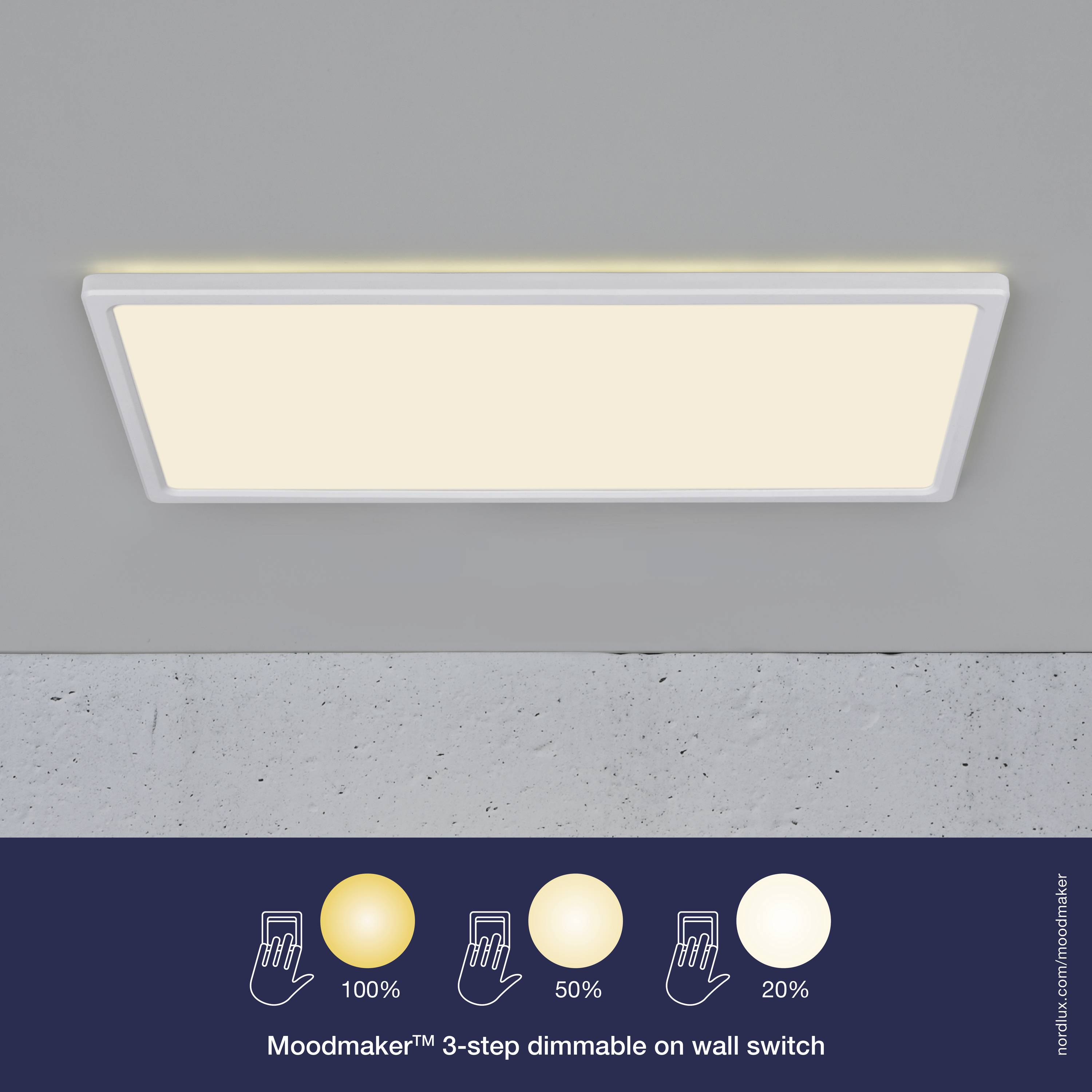 Rectangular LED ceiling light with 'Moodmaker™' function for 3-stage dimming: 100%, 50%, 20% brightness via wall switch.