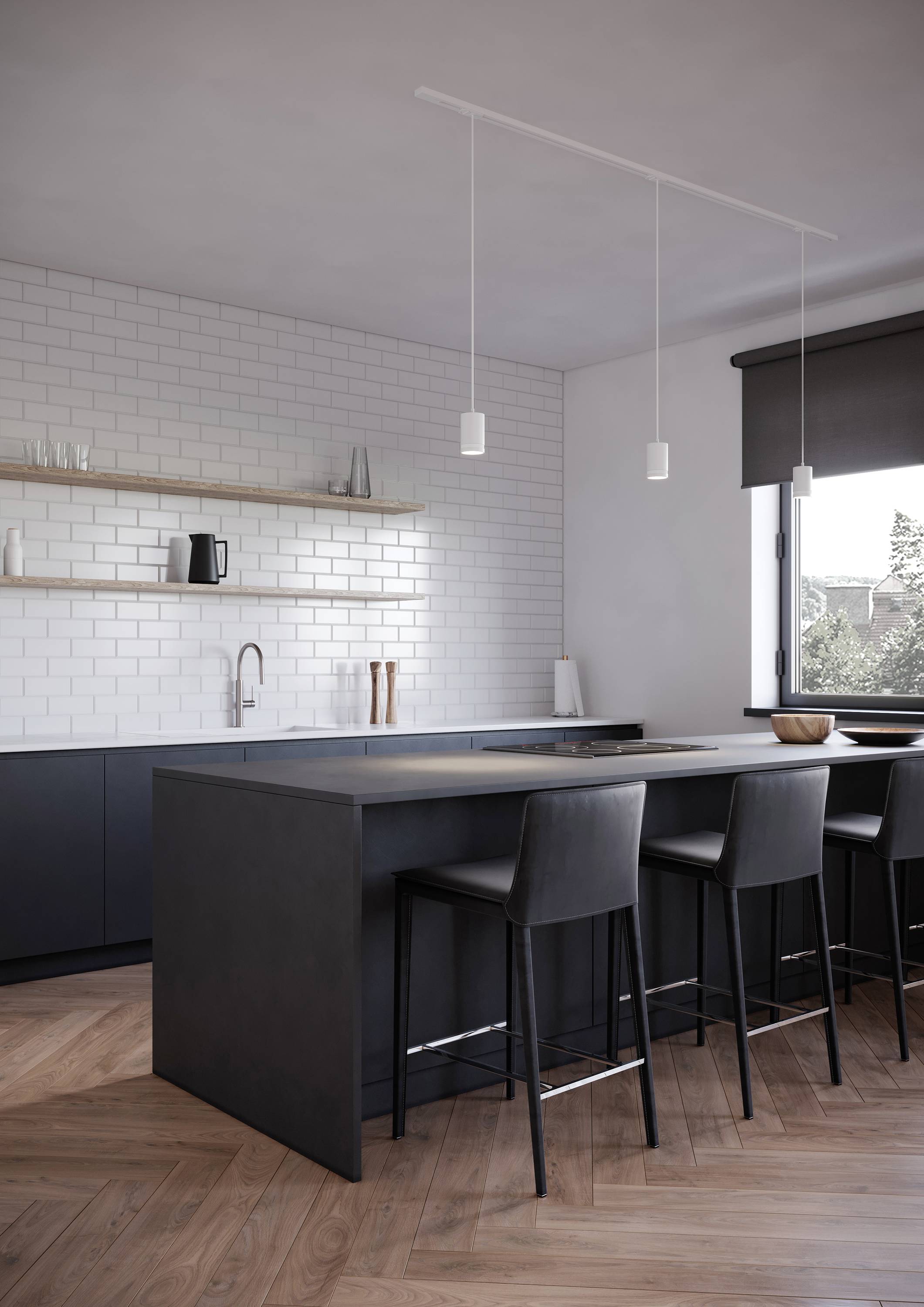 Modern kitchen with a black island, three bar stools, white wall tiles, wooden shelves and a large window overlooking the outdoors.