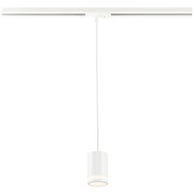 White ceiling light in a modern design with a cylindrical lampshade, suspended from a cable on a metal track.