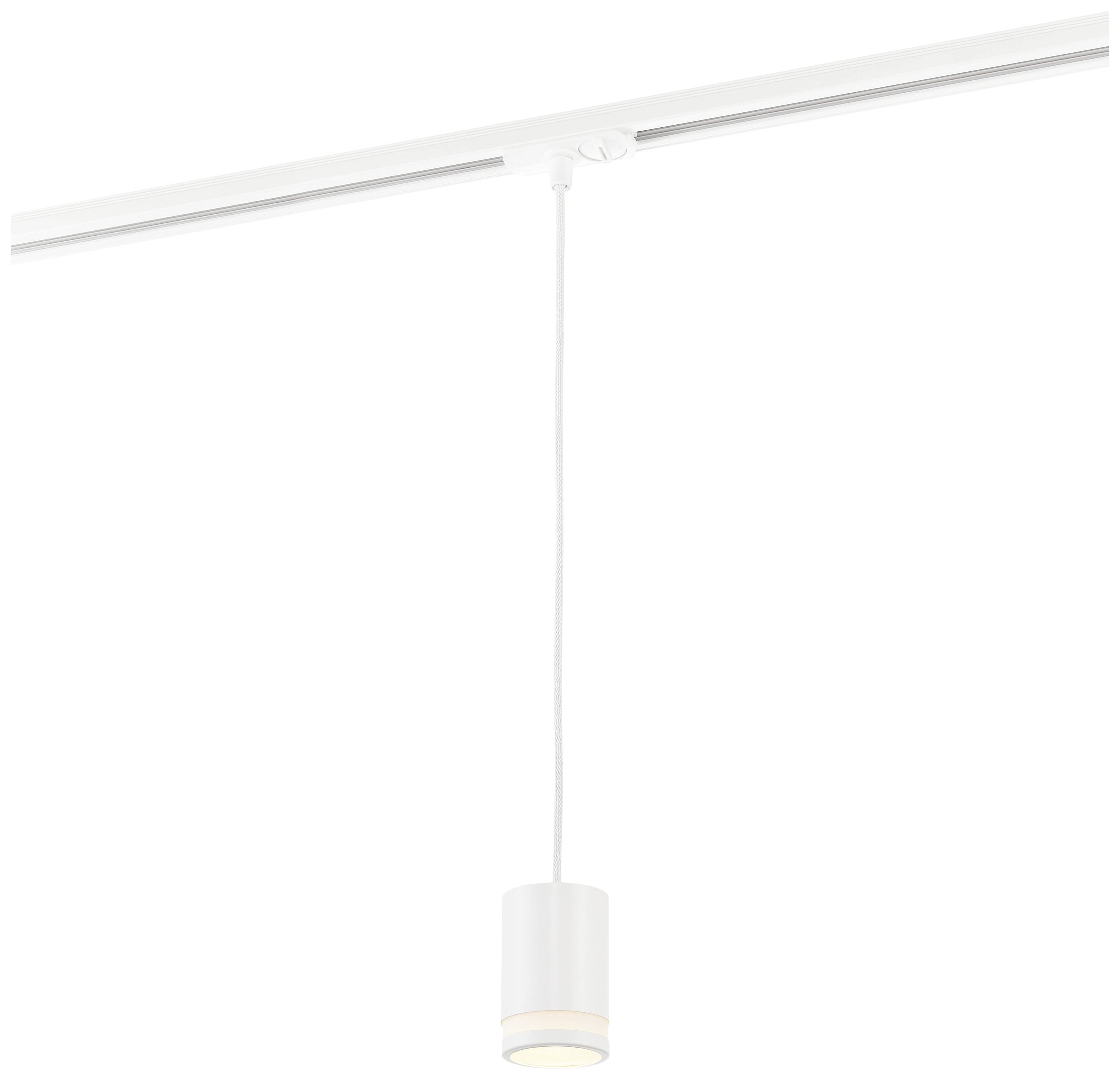 A white pendant light hangs from a track system. The light is cylindrical and illuminates downwards.