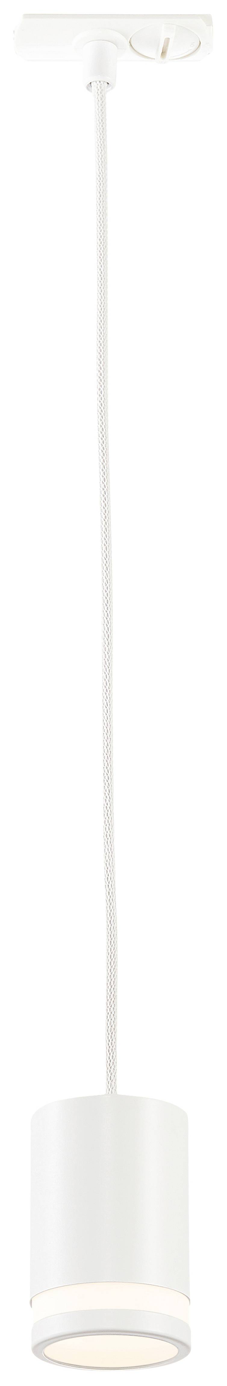 White hanging light with a cylindrical lampshade, suspended from a long white cord.