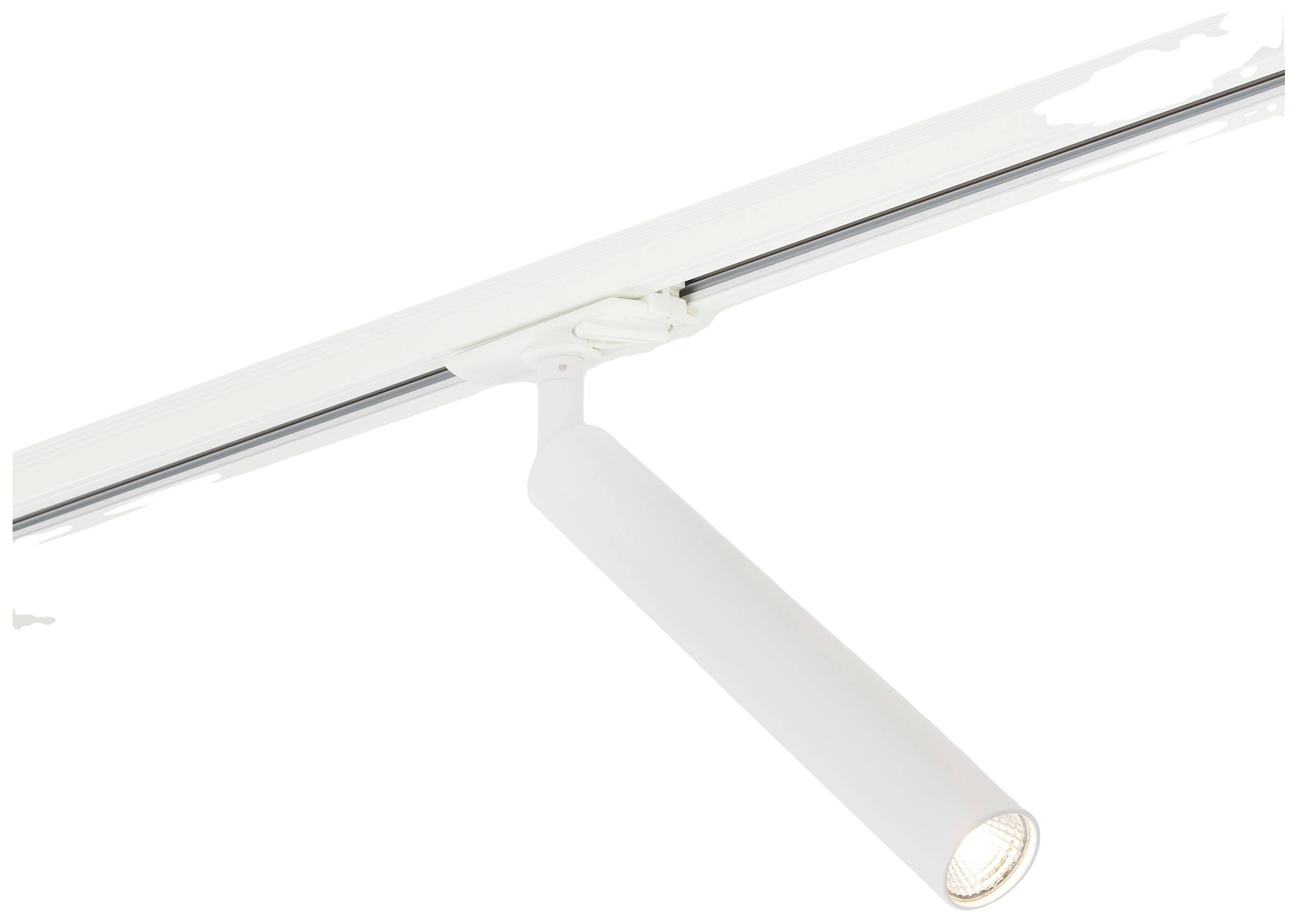 A long, cylindrical LED spotlight is mounted on a white track system attached to a ceiling.