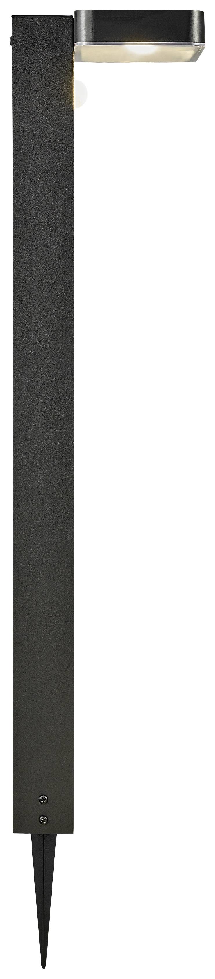 A black exterior light with a slim, vertical post and a downward-facing light head, suitable for garden lighting.