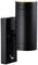 Black, cylindrical outdoor wall light with integrated motion sensor, illuminating upwards.