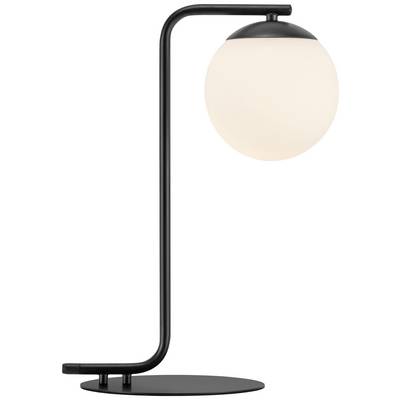 A contemporary table lamp with a black metal frame and white spherical shade. Perfect for minimalist interior design.