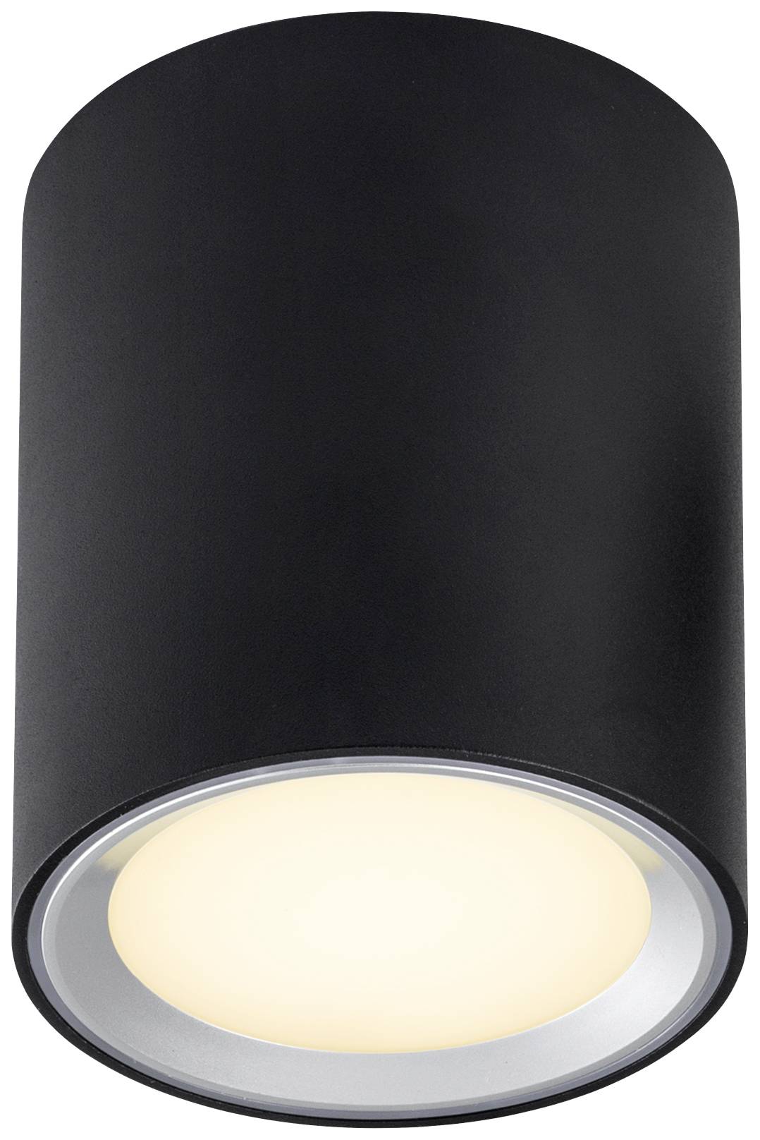 Black cylindrical ceiling light with glowing, warm white light, ideal for indirect illumination of living spaces.