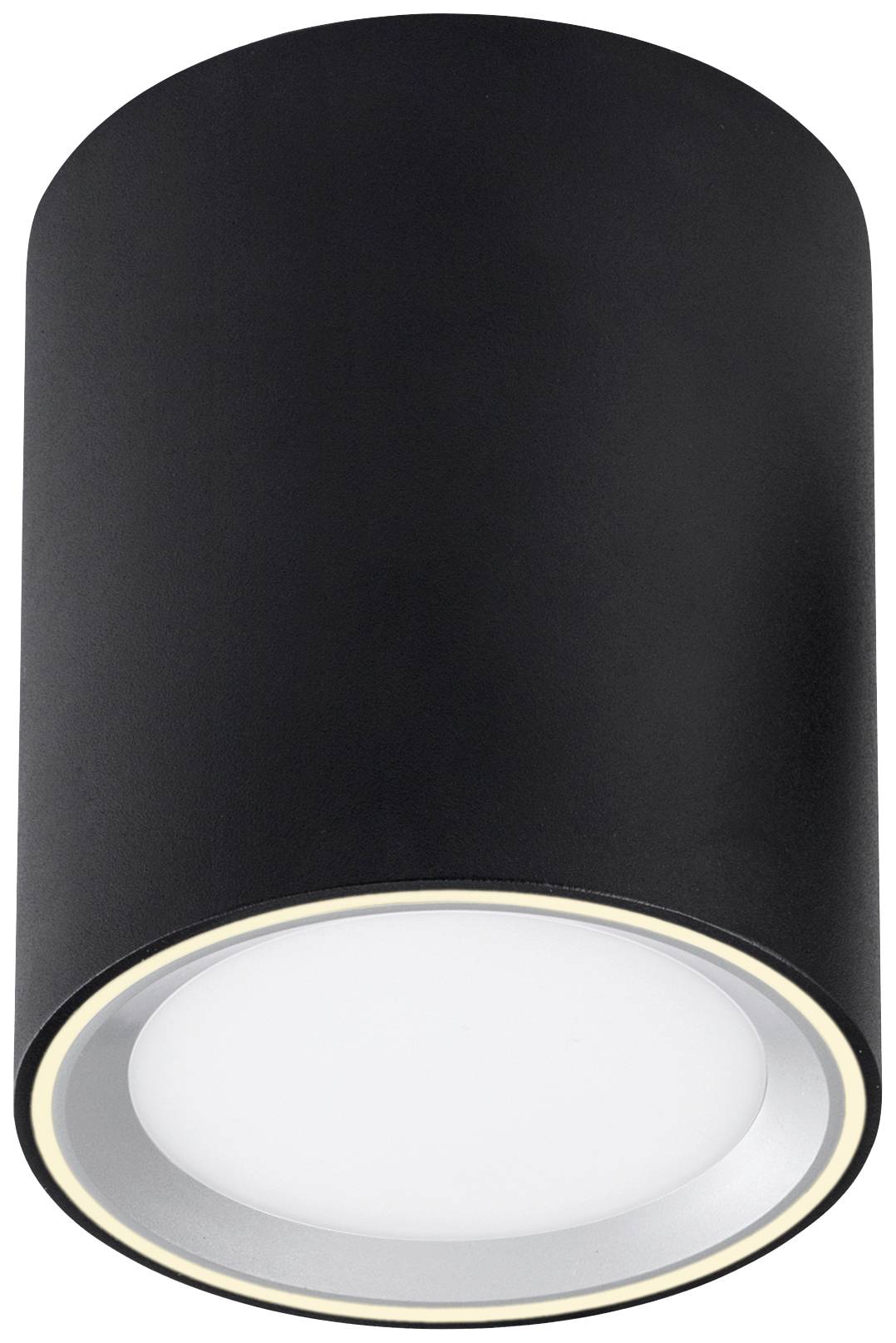 Black cylindrical ceiling light with white diffuser, suitable for modern interiors.