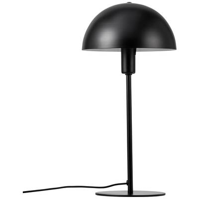 Black table lamp with a round shade and slender stand, suitable for modern interior design.