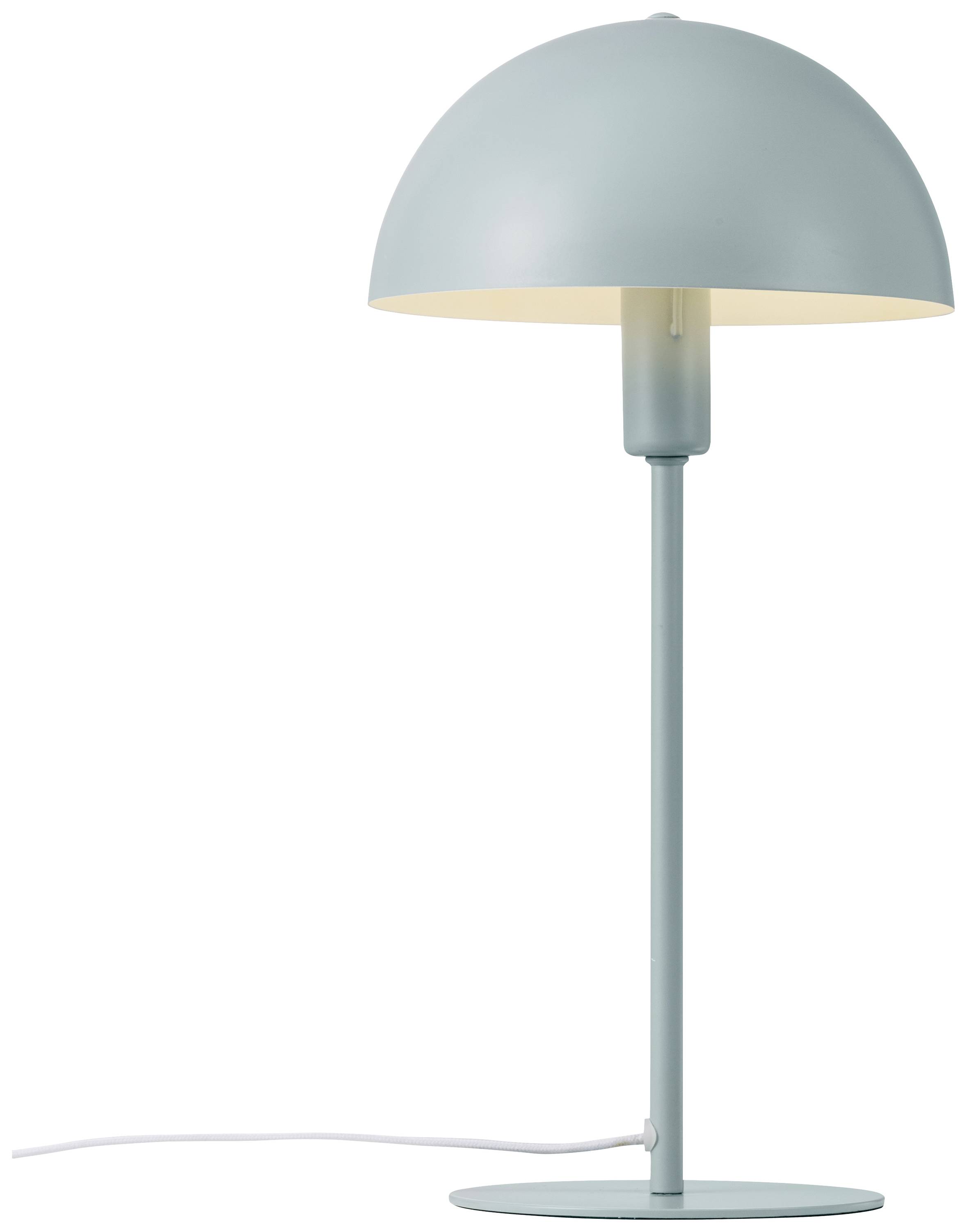 Table lamp with a round, blue shade mounted on a slender, matching stand. Cable lies loosely at the base.