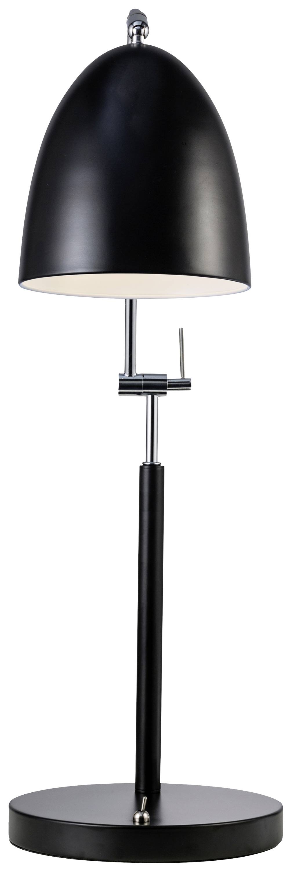 Black table lamp with a metallic stand and round base, conical lampshade shape.