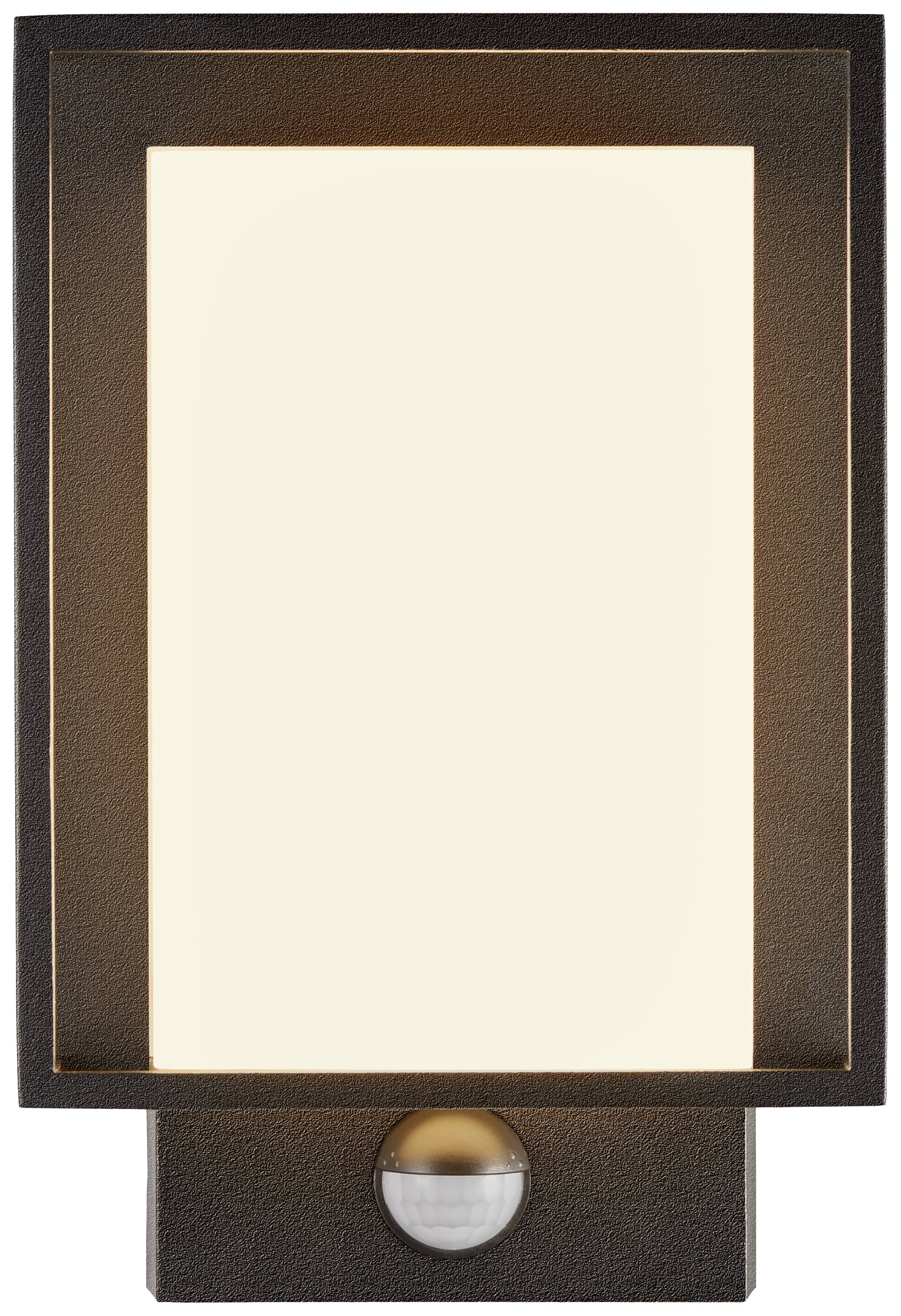 Rectangular outdoor wall light with minimalist design and integrated motion sensor below.