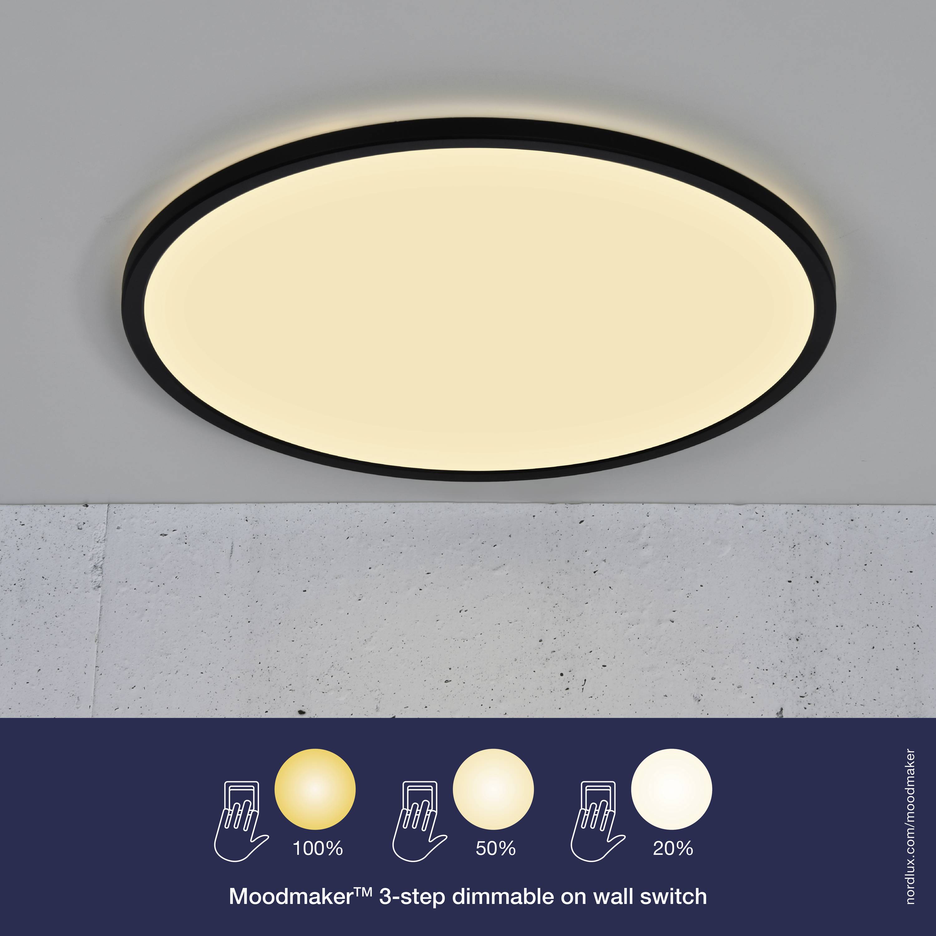 Round ceiling light with three dimming settings: 100%, 50% and 20%. Integrated wall switch for controlling brightness.
