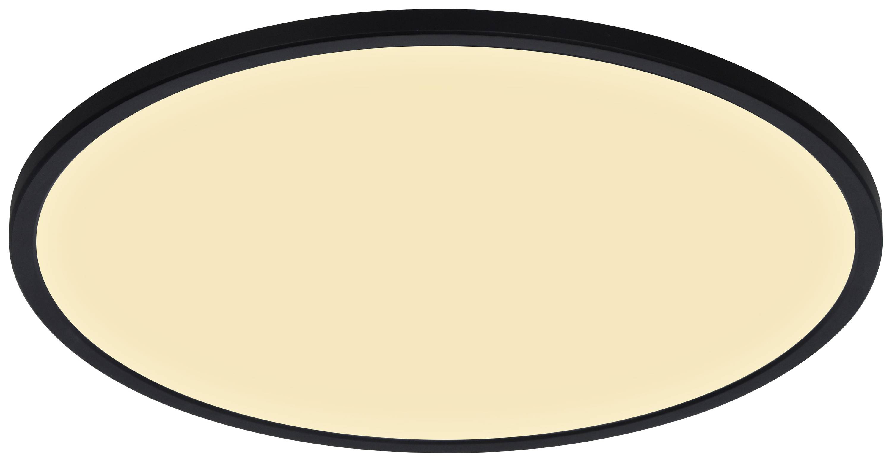 A round LED ceiling light with a black frame and warm white light. Suitable for modern interior design and energy efficiency.