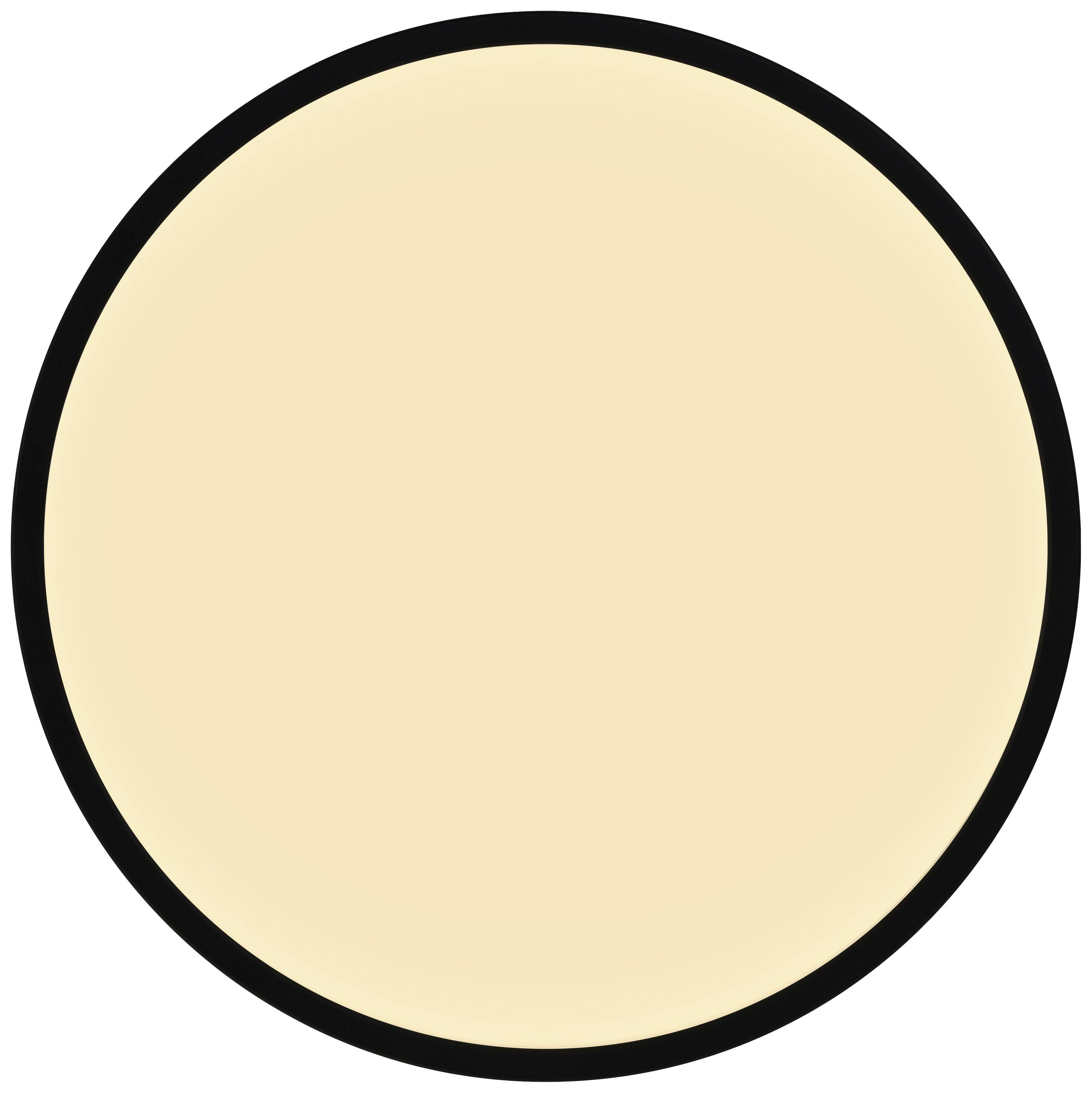 A large, filled yellow circle with a black border on a white background.