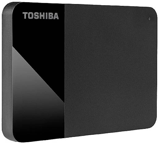 Toshiba external hard drive, black, with rounded corners and a minimalist design.