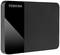 Toshiba external hard drive, black, with rounded corners and a minimalist design.