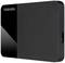 'Toshiba' external hard drive in a black enclosure, front view with USB port on the right side.