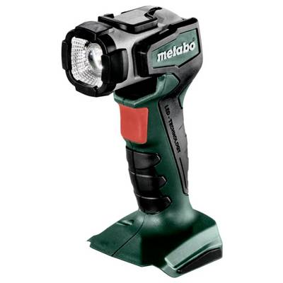 A handheld LED work light with a green and black grip, red button, and branded 'metabo'.