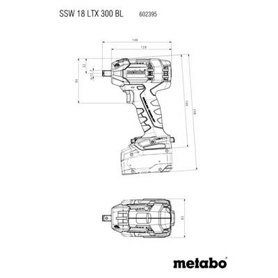 'Schematic diagram of Metabo SSW 18 LTX 300 BL cordless impact wrench, showing dimensions and design details from various angles.'