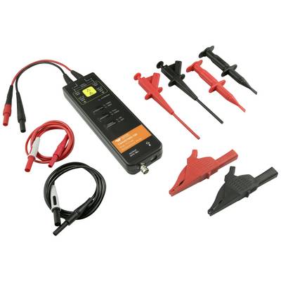 Testing device with various measuring leads and clips in red and black on a white background.