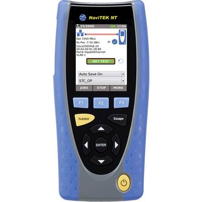 A NaviTEK NT network tester displays network test results on the screen, with options for Auto Test, Save, and IP details.