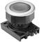 'Black push button with silver rim, mounted on a rectangular base, suitable for industrial control applications.'