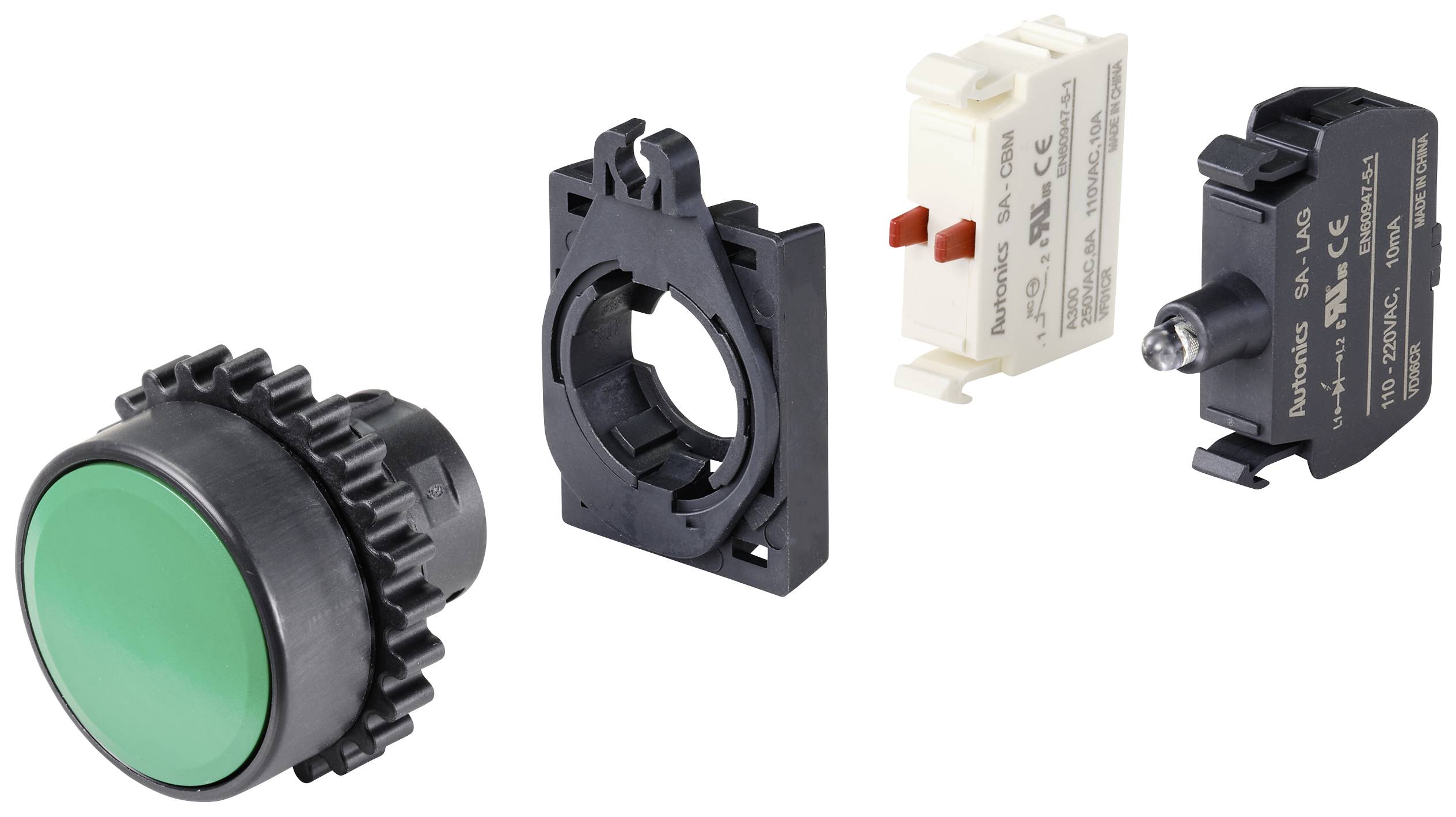 Green push button with mounting accessories: black mounting frame, white switching module and black connection block for electrical applications.