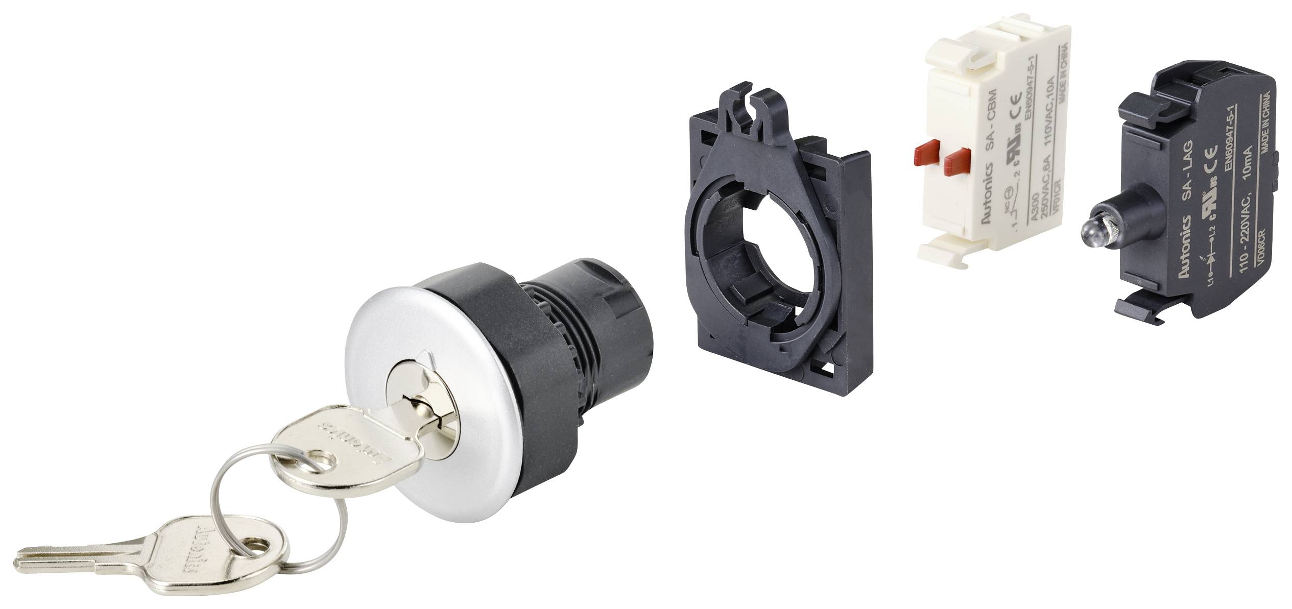 Lock with two keys, surrounded by individual components: black mounting ring and electrical inserts that complete the switch.