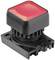 A large, red, square push button in a black enclosure, suitable for industrial control panels or machine controls.