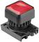 A red, square push button on a black base, suitable for industrial control panels or machine controls.