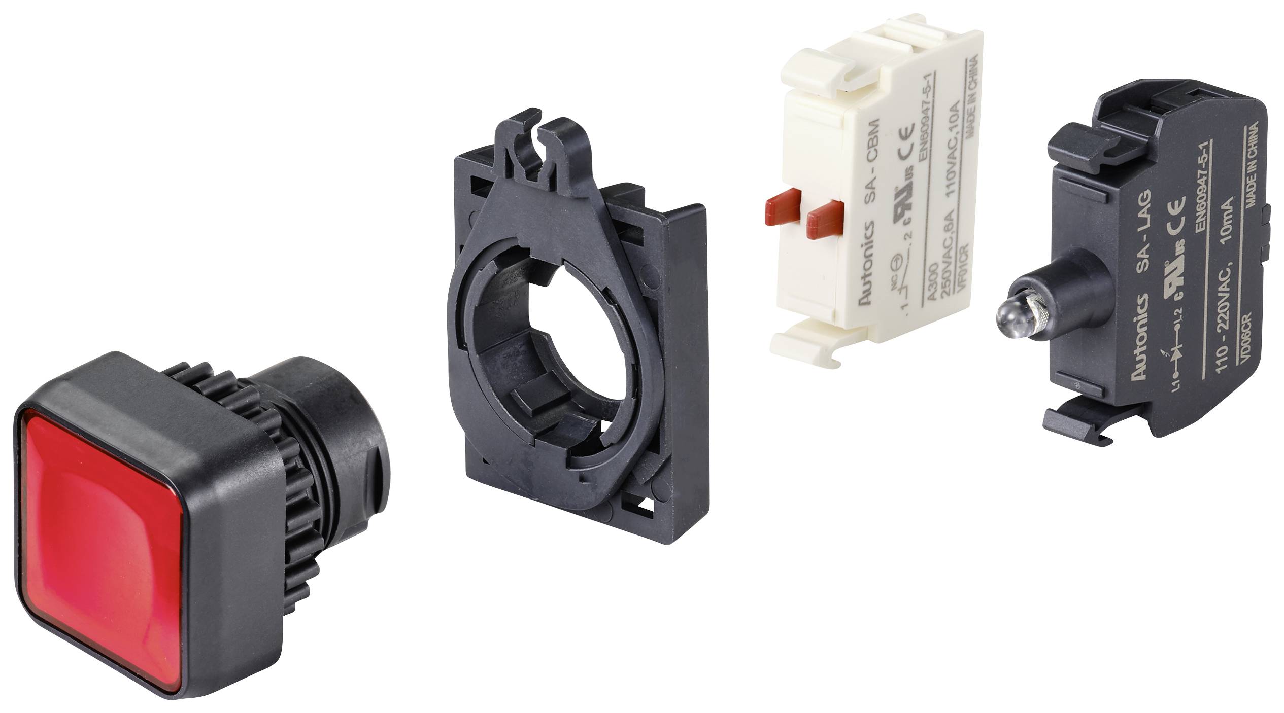 A red push button with accompanying mounting frame and electrical components for controlling machines or devices.