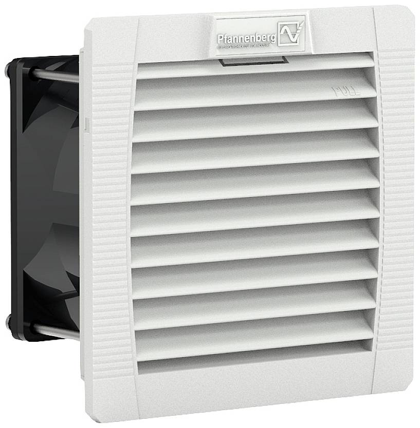 A grey ventilator with horizontal louvres and a rectangular frame. A brand logo is affixed at the top.