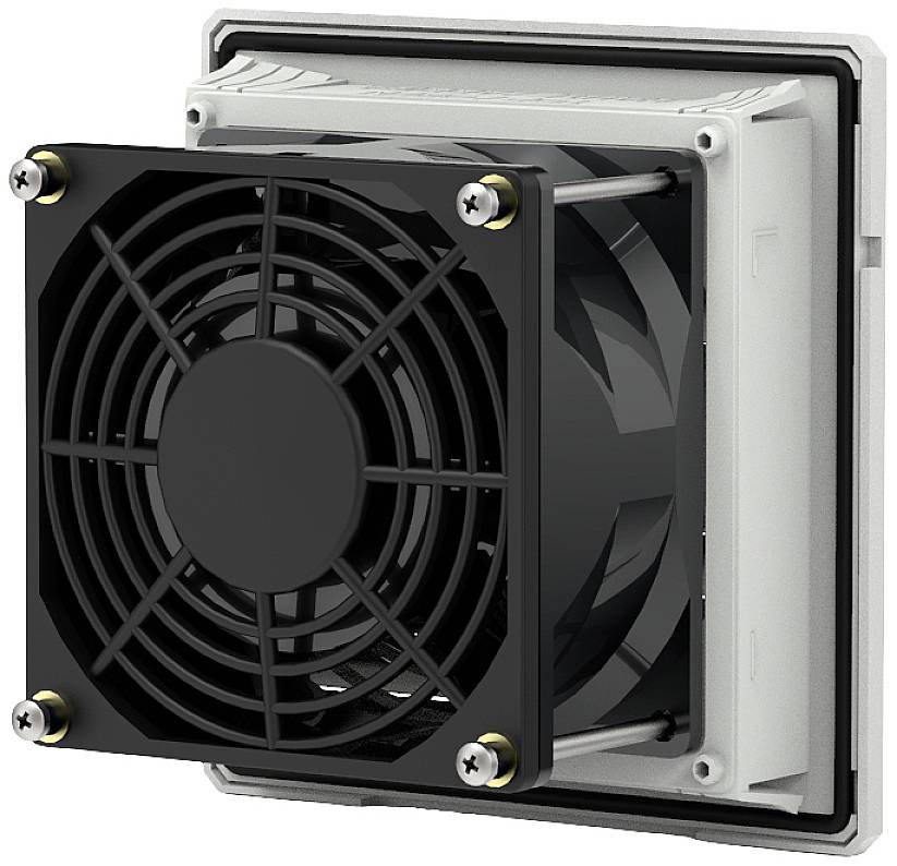 A black fan in a rectangular housing, secured by four screws. The fan is designed for cooling or ventilation.
