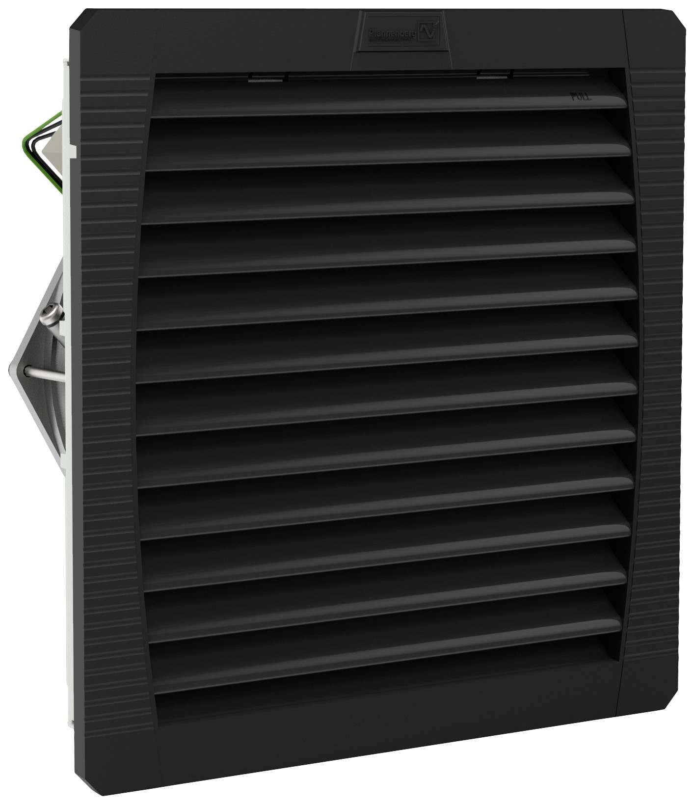 A black ventilation grille with horizontal louvres, suitable for use in technical installations or buildings for air circulation.