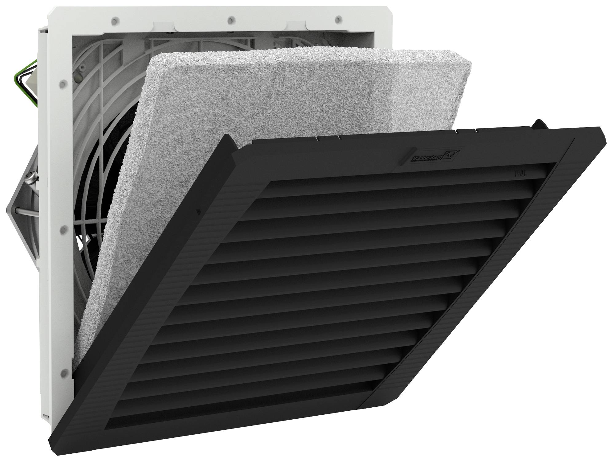 A black ventilation grille with angled louvres in front of a fan mounting frame. A removable grey filter is visible.