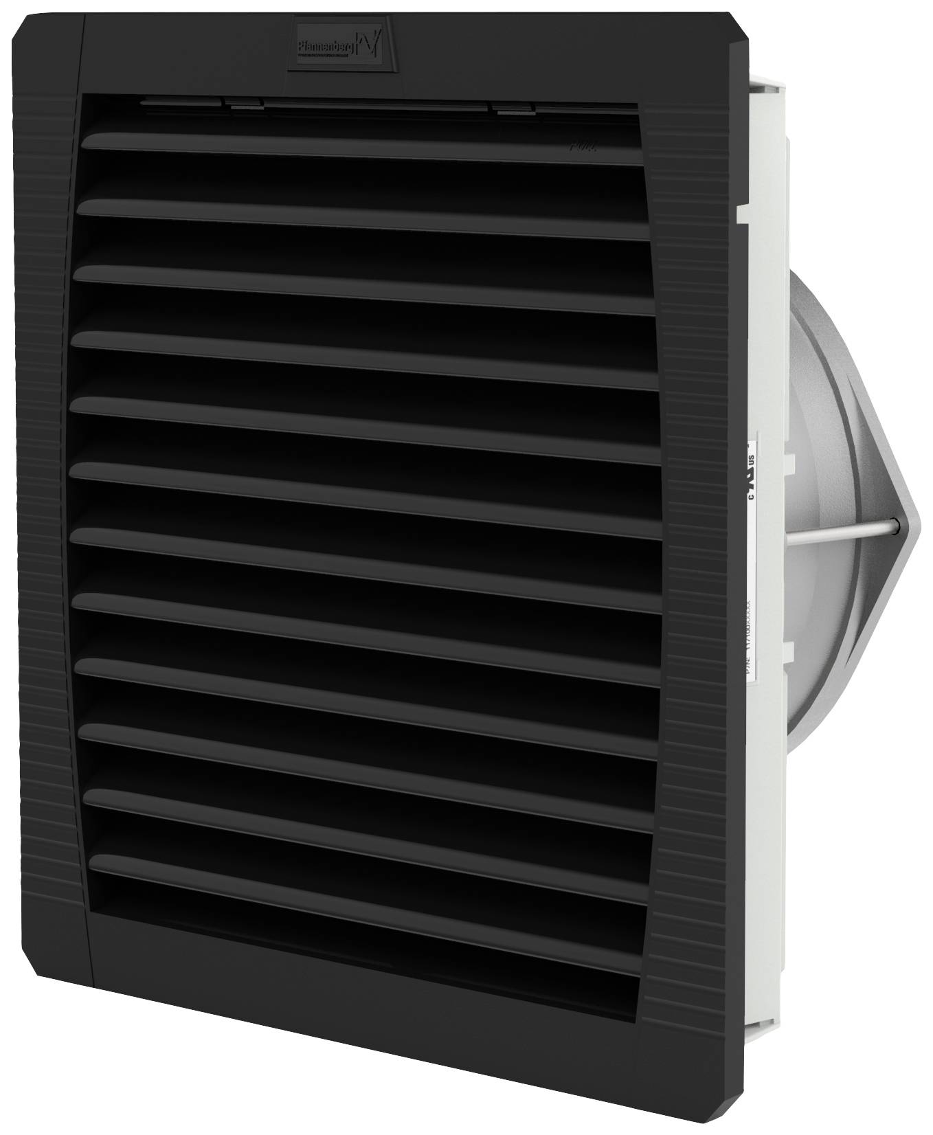 Black ventilation grille with rectangular louvres, side-mounted, side view of the grille mechanism.