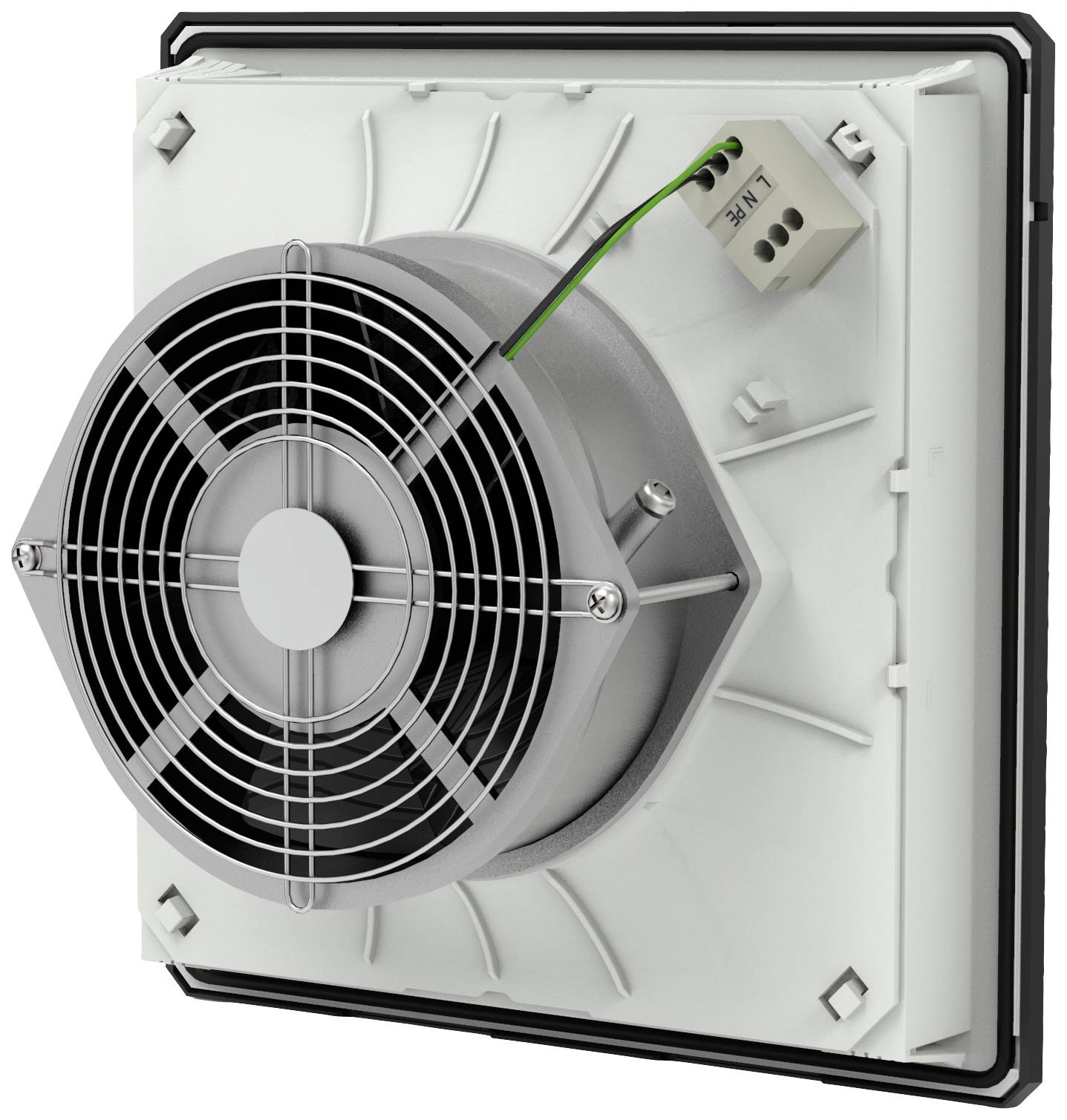 A square ventilation fan with a protective grille, cable connection and mounting parts attached to a white plastic frame.