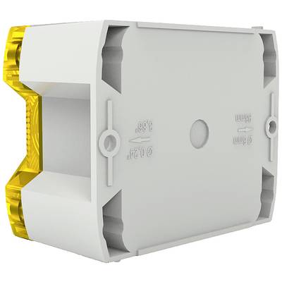 A rectangular, white plastic container with yellow ends and embossed markings on the surface, for electrical assembly.