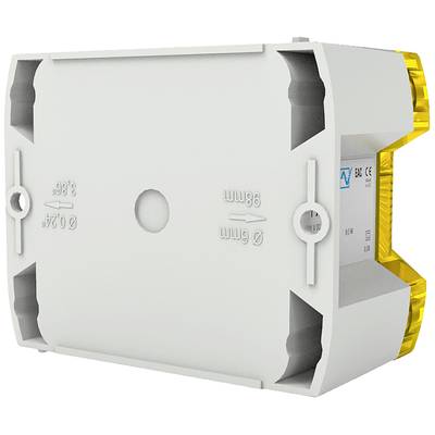 A white electric enclosure with yellow ends, suitable for mounting in a control cabinet. Markings for fixing.