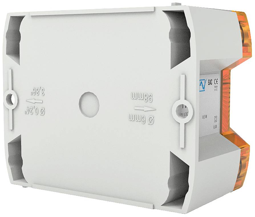 A rectangular, white electrical enclosure with orange corners, suitable for wall mounting.