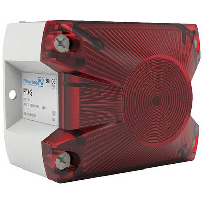 Red alarm light mounted on the wall, with technical label and screw fixings.