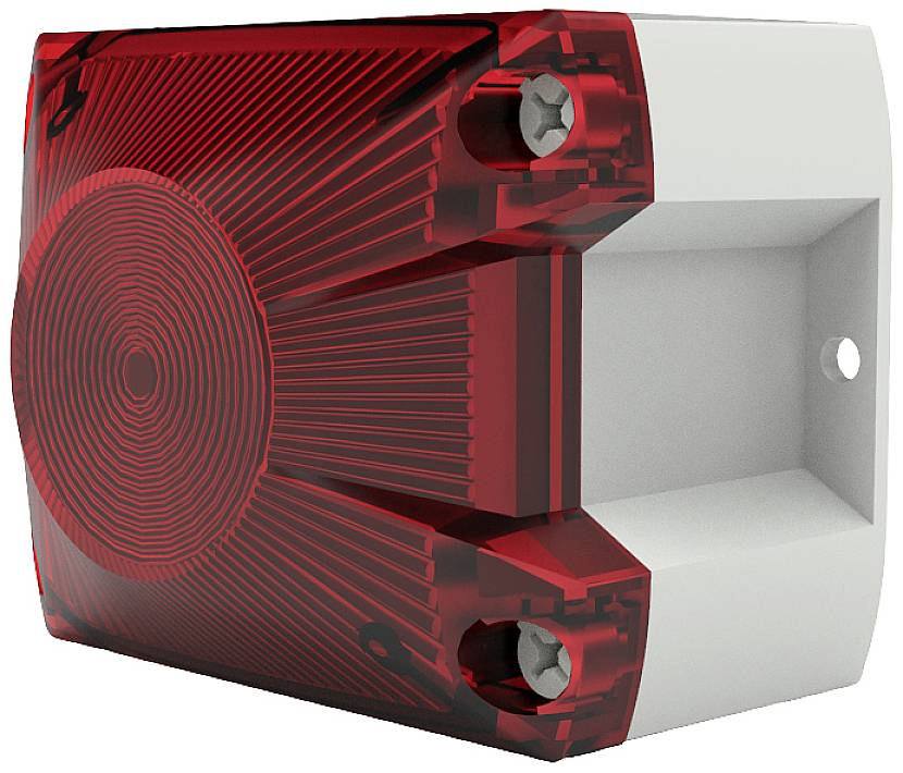 Red, square warning signal device with a transparent housing and two visible screws. Mounted on a white wall bracket.