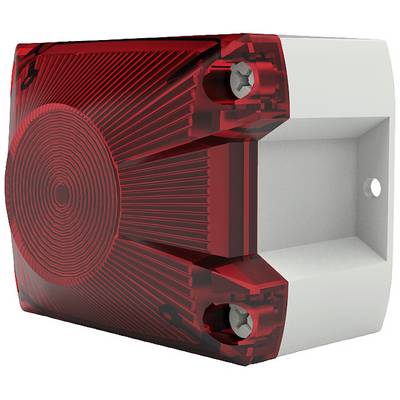 Red, square warning signal device with a transparent housing and two visible screws. Mounted on a white wall bracket.
