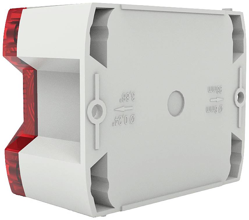 A rectangular, white housing with red, transparent corners and embossed lettering on the surface, displays electrical connection markings.