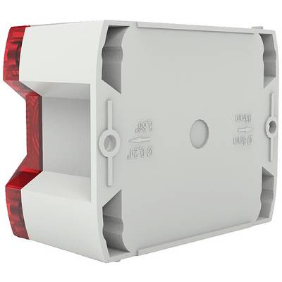 A rectangular, white housing with red, transparent corners and embossed lettering on the surface, displays electrical connection markings.