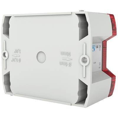 White wall mounting bracket with red side covers, suitable for mounting smoke detectors. Dimensions and mounting direction marked.